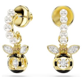 Boucles d’oreilles pendantes Idyllia : perles de cristal, tailles variées, abeilles, multicolores, plaqué or