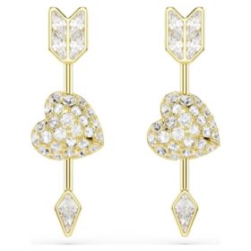 Boucles d’oreilles pendantes Idyllia, tailles variées, cœur transpercé d’une flèche, blanches, plaquées or