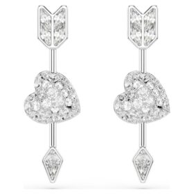 Boucles d’oreilles pendantes Idyllia, tailles variées, cœur transpercé d’une flèche, blanches, plaquées rhodium