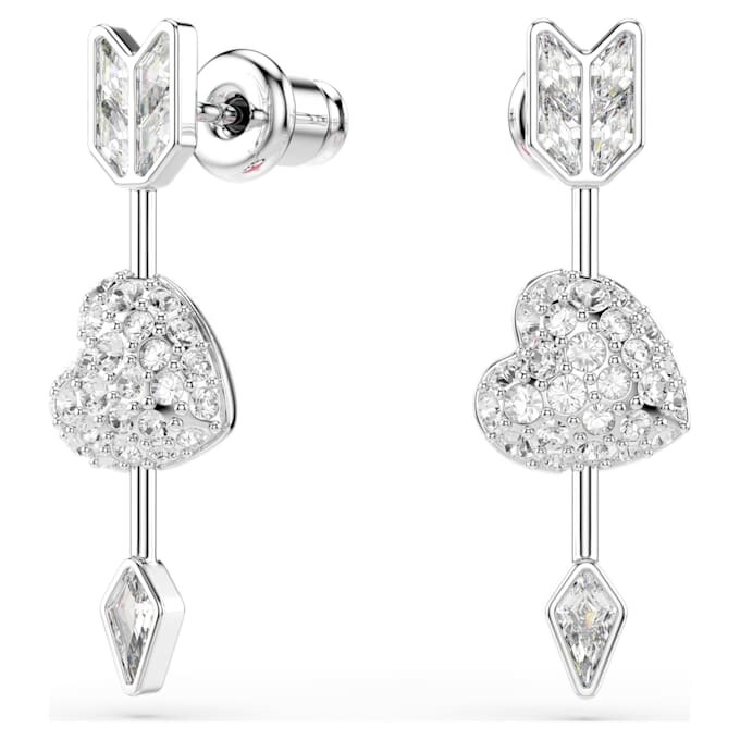 Boucles d’oreilles pendantes Idyllia, tailles variées, cœur transpercé d’une flèche, blanches, plaquées rhodium Boucles d’oreilles pendantes Idyllia, tailles variées, cœur transpercé d’une flèche, blanches, plaquées rhodium