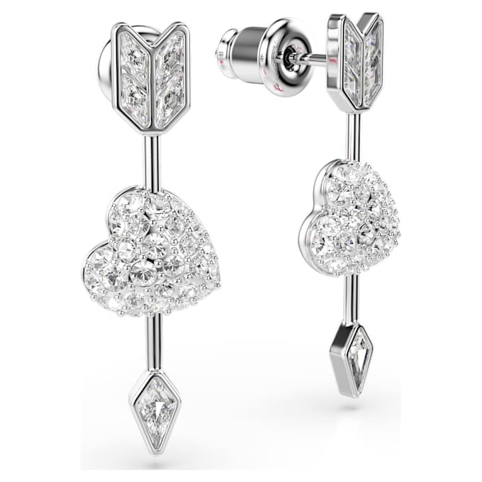 Boucles d’oreilles pendantes Idyllia, tailles variées, cœur transpercé d’une flèche, blanches, plaquées rhodium Boucles d’oreilles pendantes Idyllia, tailles variées, cœur transpercé d’une flèche, blanches, plaquées rhodium