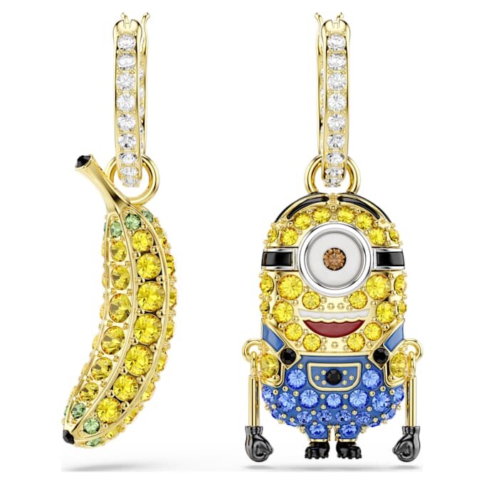 Boucles d’oreilles pendantes Minions Stuart et Banane, pavé, mini, multicolores, plaqué or Boucles d’oreilles pendantes Minions Stuart et Banane, pavé, mini, multicolores, plaqué or