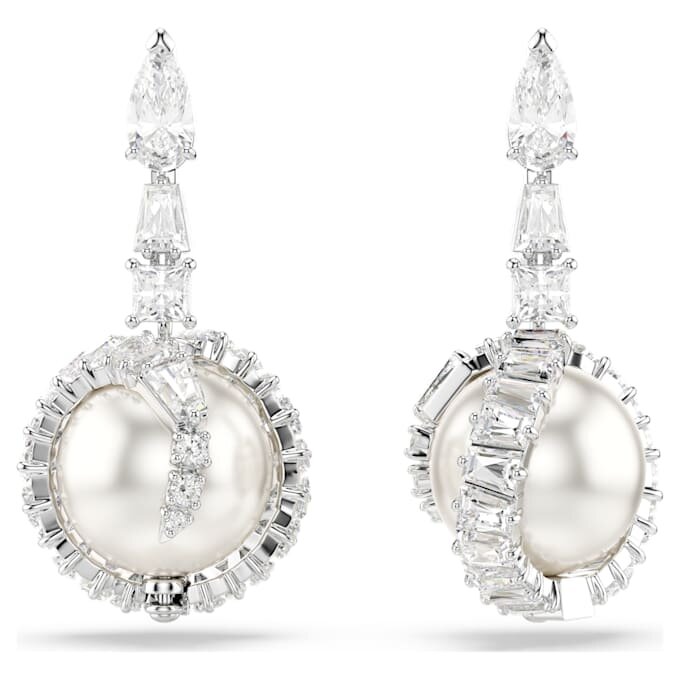 Boucles d’oreilles pendantes « Serpent » avec perle en cristal, tailles variées, Année du Serpent, blanc, plaqué rhodium Boucles d’oreilles pendantes « Serpent » avec perle en cristal, tailles variées, Année du Serpent, blanc, plaqué rhodium