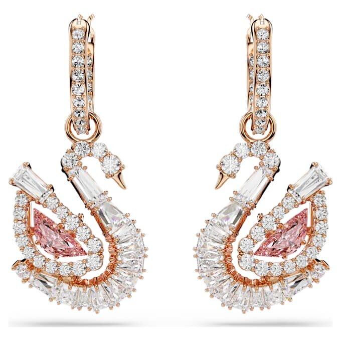 Boucles d’oreilles pendantes « Swan » pavées, cygne, rose Boucles d’oreilles pendantes « Swan » pavées, cygne, rose