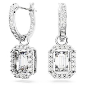 Boucles d’oreilles pendantes Una, taille octogonale, blanches, plaquées rhodium Boucles d’oreilles pendantes Una, taille octogonale, blanches, plaquées rhodium