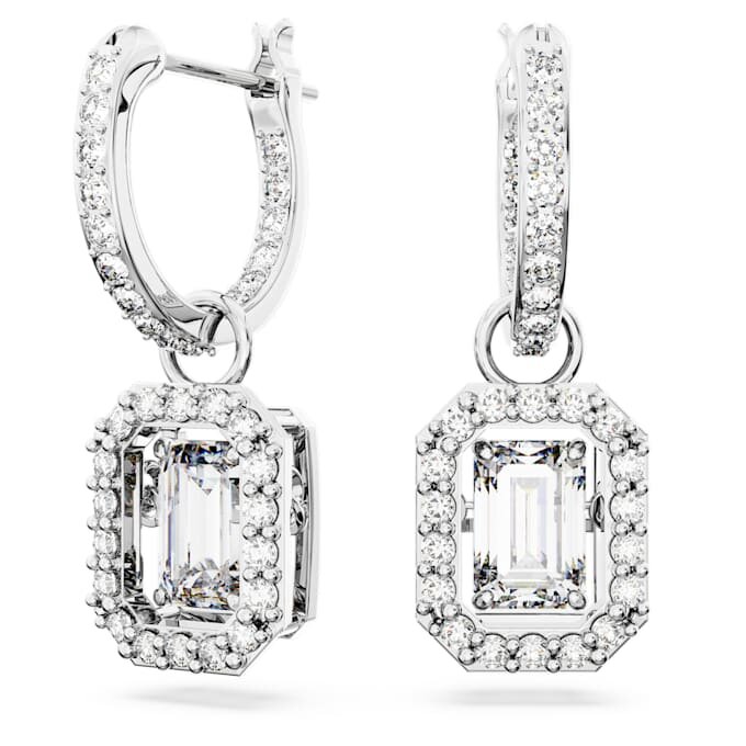 Boucles d’oreilles pendantes Una, taille octogonale, blanches, plaquées rhodium Boucles d’oreilles pendantes Una, taille octogonale, blanches, plaquées rhodium