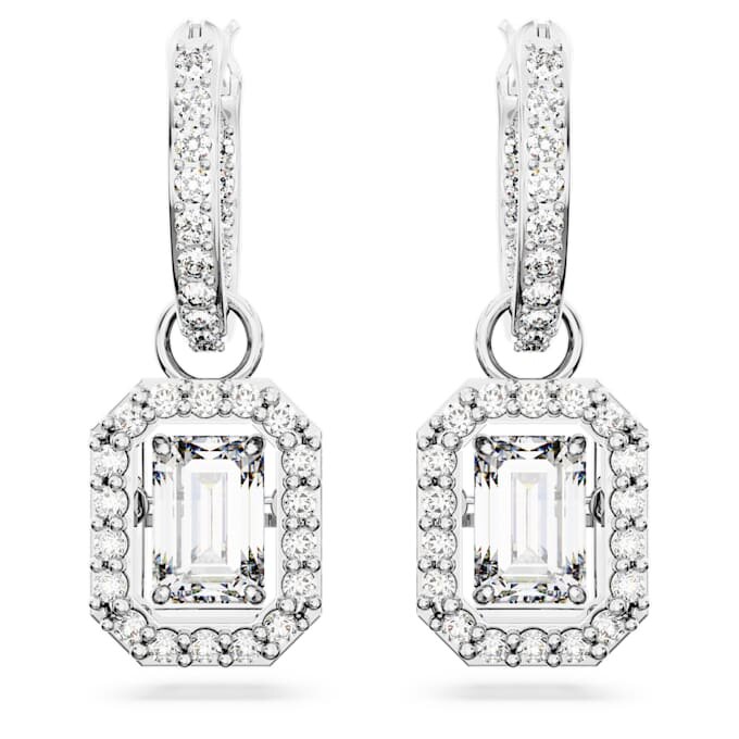 Boucles d’oreilles pendantes Una, taille octogonale, blanches, plaquées rhodium Boucles d’oreilles pendantes Una, taille octogonale, blanches, plaquées rhodium