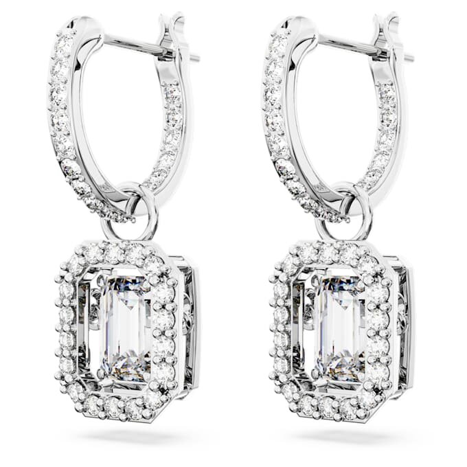 Boucles d’oreilles pendantes Una, taille octogonale, blanches, plaquées rhodium Boucles d’oreilles pendantes Una, taille octogonale, blanches, plaquées rhodium