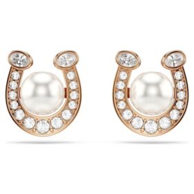 Boucles d’oreilles Symbolica : perle en cristal, pavé, fer à cheval, blanc, plaqué or rose