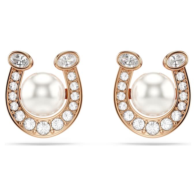 Boucles d’oreilles Symbolica : perle en cristal, pavé, fer à cheval, blanc, plaqué or rose Boucles d’oreilles Symbolica : perle en cristal, pavé, fer à cheval, blanc, plaqué or rose