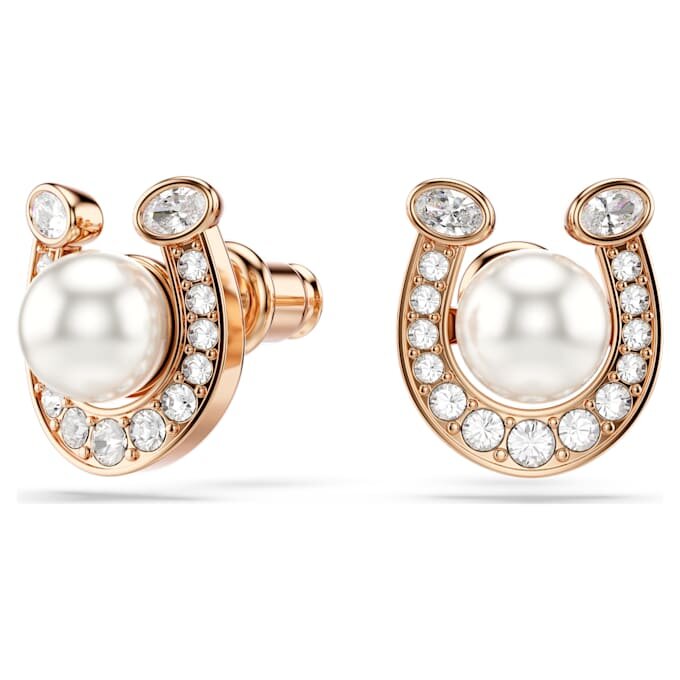 Boucles d’oreilles Symbolica : perle en cristal, pavé, fer à cheval, blanc, plaqué or rose Boucles d’oreilles Symbolica : perle en cristal, pavé, fer à cheval, blanc, plaqué or rose