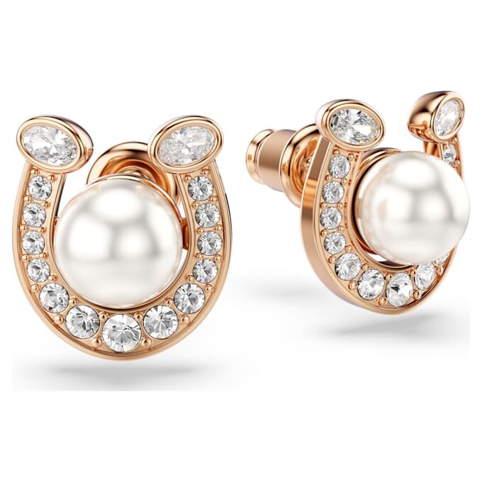 Boucles d’oreilles Symbolica : perle en cristal, pavé, fer à cheval, blanc, plaqué or rose Boucles d’oreilles Symbolica : perle en cristal, pavé, fer à cheval, blanc, plaqué or rose