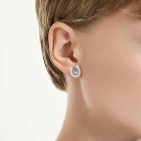 Boucles d’oreilles Symbolica, taille ronde, pavé, fer à cheval, bleu, plaqué rhodium