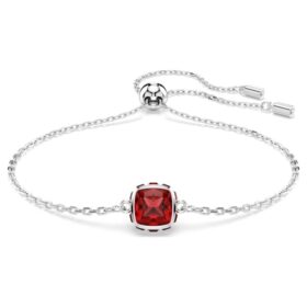 Bracelet avec pierre de naissance, taille carrée, janvier, rouge, plaqué rhodium