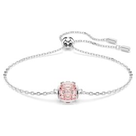 Bracelet avec pierre de naissance, taille carrée, juin, rose, plaqué rhodium