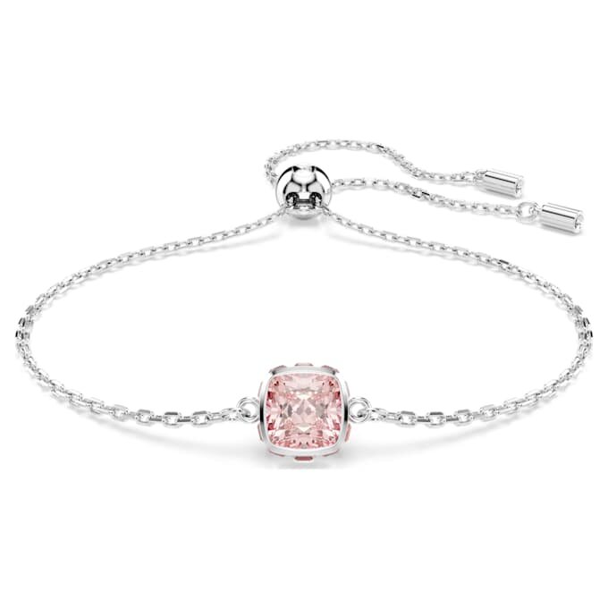Bracelet avec pierre de naissance, taille carrée, juin, rose, plaqué rhodium Bracelet avec pierre de naissance, taille carrée, juin, rose, plaqué rhodium