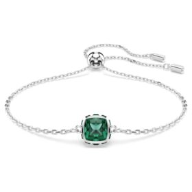 Bracelet avec pierre de naissance, taille carrée, mai, vert, plaqué rhodium