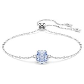 Bracelet avec pierre de naissance, taille carrée, mars, bleu, plaqué rhodium