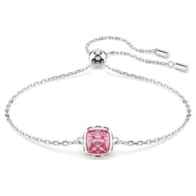 Bracelet avec pierre de naissance, taille carrée, octobre, rose, plaqué rhodium