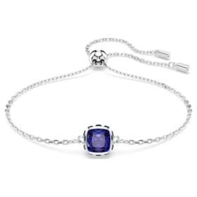 Bracelet avec pierre de naissance, taille carrée, septembre, bleu, plaqué rhodium