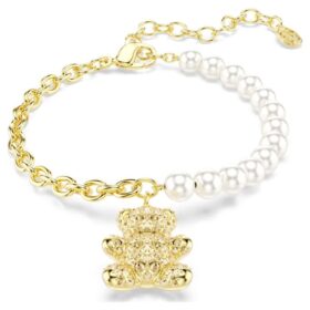 Bracelet Idyllia Crystal Pearl, taille ronde, ours en peluche, doré, plaqué or