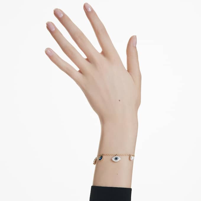 Bracelet Symbolica avec perle en cristal, trèfle, œil maléfique et fer à cheval, bleu, plaqué or Bracelet Symbolica avec perle en cristal, trèfle, œil maléfique et fer à cheval, bleu, plaqué or