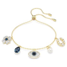Bracelet Symbolica avec perle en cristal, trèfle, œil maléfique et fer à cheval, bleu, plaqué or