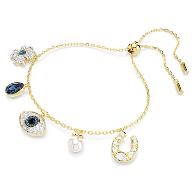 Bracelet Symbolica avec perle en cristal, trèfle, œil maléfique et fer à cheval, bleu, plaqué or Bracelet Symbolica avec perle en cristal, trèfle, œil maléfique et fer à cheval, bleu, plaqué or