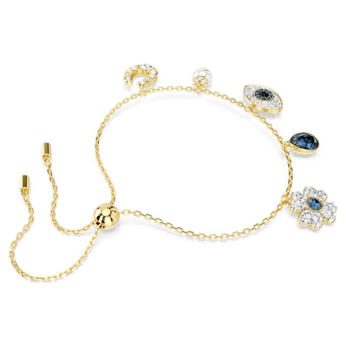 Bracelet Symbolica avec perle en cristal, trèfle, œil maléfique et fer à cheval, bleu, plaqué or Bracelet Symbolica avec perle en cristal, trèfle, œil maléfique et fer à cheval, bleu, plaqué or