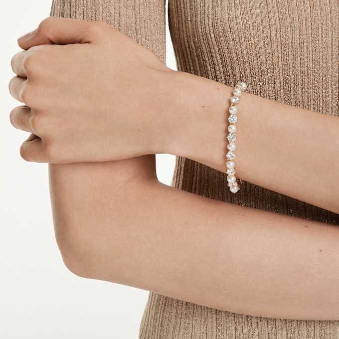 Bracelet Tennis Matrix Perle de cristal, taille ronde, blanc, plaqué or Bracelet Tennis Matrix Perle de cristal, taille ronde, blanc, plaqué or