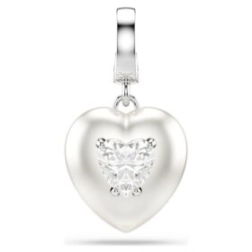 Breloque Idyllia à tailles variées, revêtement couleur perle, cœur, blanc, plaqué rhodium