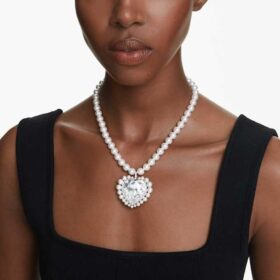 Collier Ariana Grande X Swarovski Perle en cristal, taille cœur, cœur, blanc, plaqué rhodium