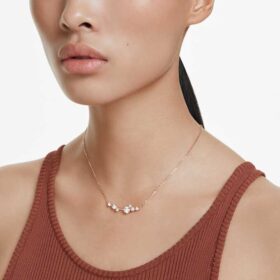 Collier Constella Perle de cristal, tailles rondes, blanc, plaqué or rose