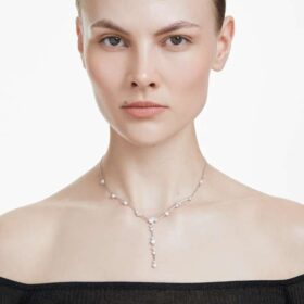 Collier Constella Y Perle de cristal, tailles rondes, blanc, plaqué rhodium