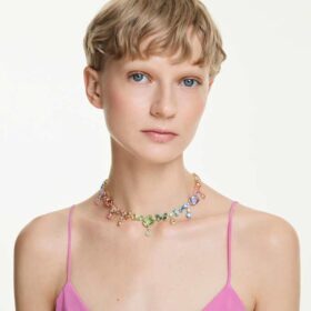 Collier Gema à tailles variées, cristaux pendants, multicolore, plaqué or