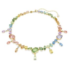 Collier Gema à tailles variées, cristaux pendants, multicolore, plaqué or