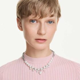 Collier Idyllia Perle de cristal, tailles variées, blanc, plaqué rhodium