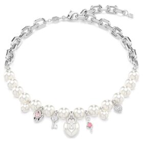Collier Idyllia Perle de cristal, tailles variées, blanc, plaqué rhodium