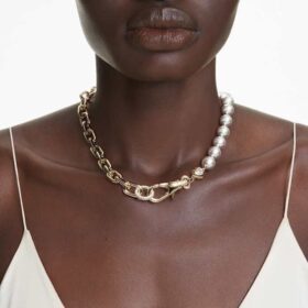 Collier Idyllia perles de cristal, blanc, plaqué or
