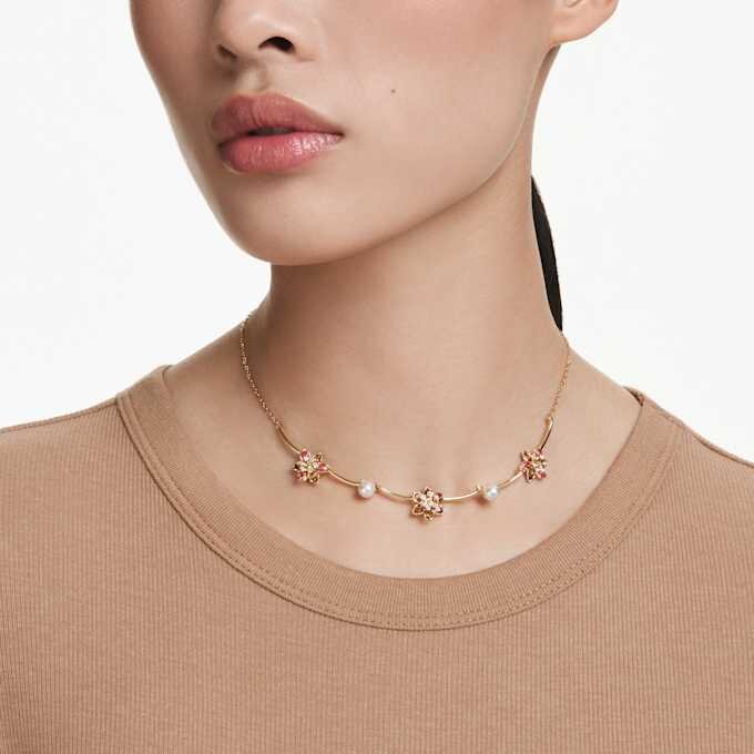 Collier Idyllia : perles de cristal, tailles variées, motif floral, multicolore, plaqué or