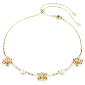 Collier Idyllia : perles de cristal, tailles variées, motif floral, multicolore, plaqué or