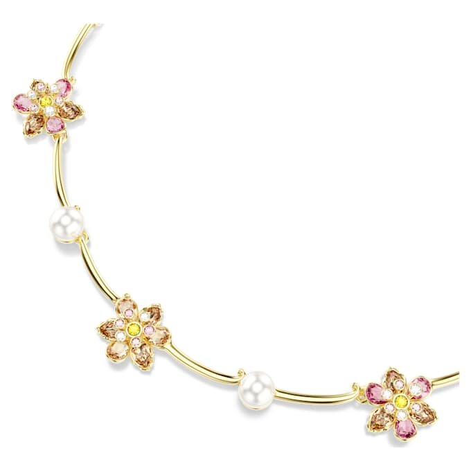 Collier Idyllia : perles de cristal, tailles variées, motif floral, multicolore, plaqué or
