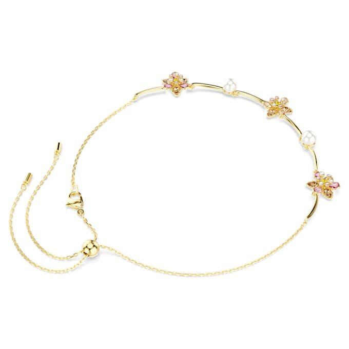 Collier Idyllia : perles de cristal, tailles variées, motif floral, multicolore, plaqué or