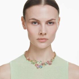 Collier Idyllia, tailles variées, motif floral, multicolore, plaqué or