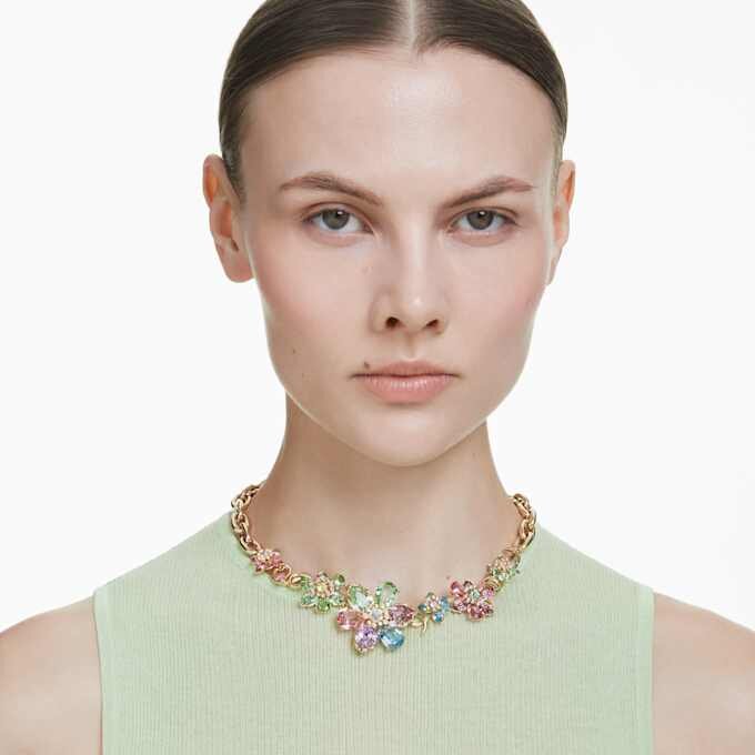 Collier Idyllia, tailles variées, motif floral, multicolore, plaqué or