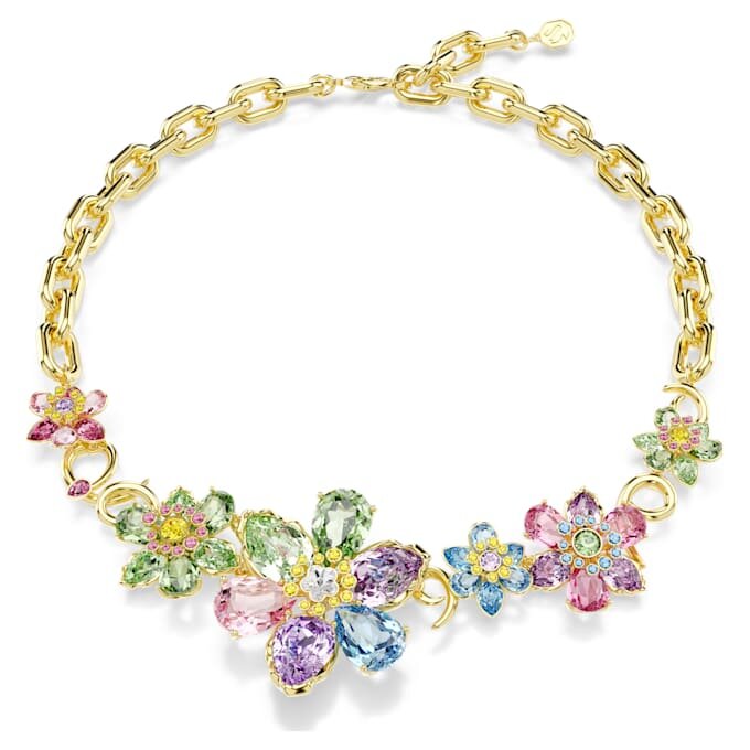 Collier Idyllia, tailles variées, motif floral, multicolore, plaqué or