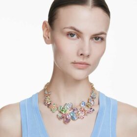 Collier Idyllia : tailles variées, pavé, fleur, multicolore, plaqué or