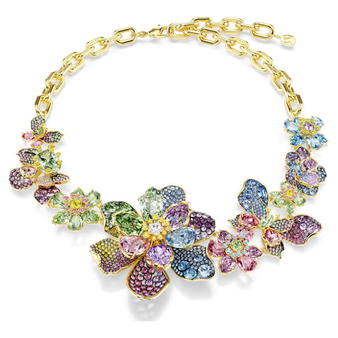 Collier Idyllia : tailles variées, pavé, fleur, multicolore, plaqué or