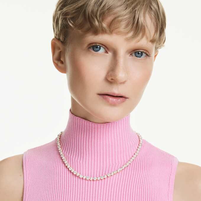 Collier Matrix Tennis Perle de cristal, taille ronde, blanc, plaqué or Collier Matrix Tennis Perle de cristal, taille ronde, blanc, plaqué or