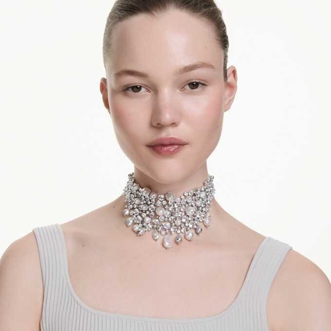 Collier ras-du-cou Constella, perle de cristal, taille ronde, blanche, plaqué rhodium Collier ras-du-cou Constella, perle de cristal, taille ronde, blanche, plaqué rhodium